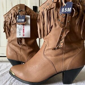 Rhinestone Studded Fringed Tan Leather Cowgirl Boots